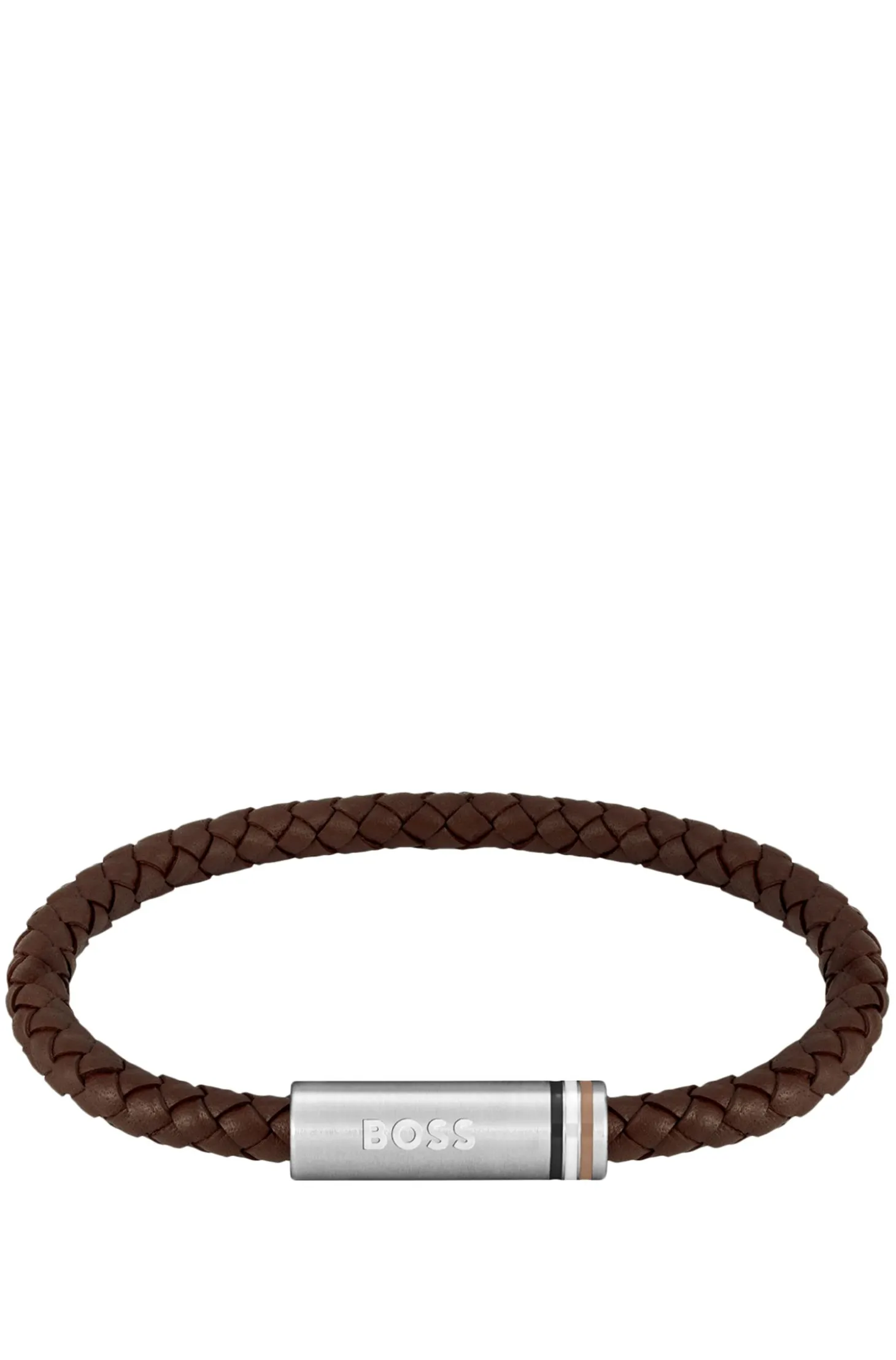 Geflochtenes braunes Lederarmband mit Logo auf dem Magnetverschluss