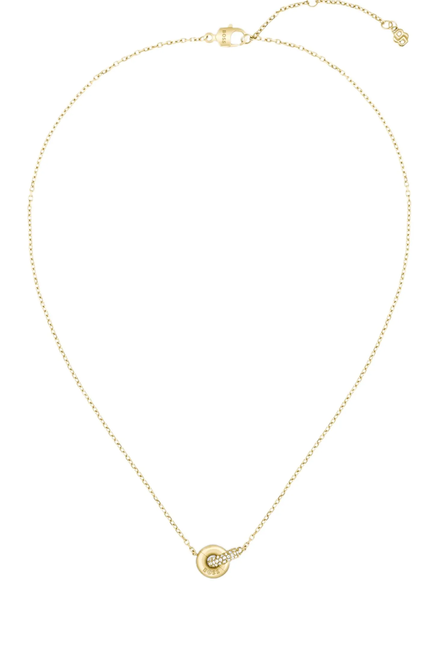 Goldfarbene Halskette mit verschlungenen Ringen und Pavé-Kristallen