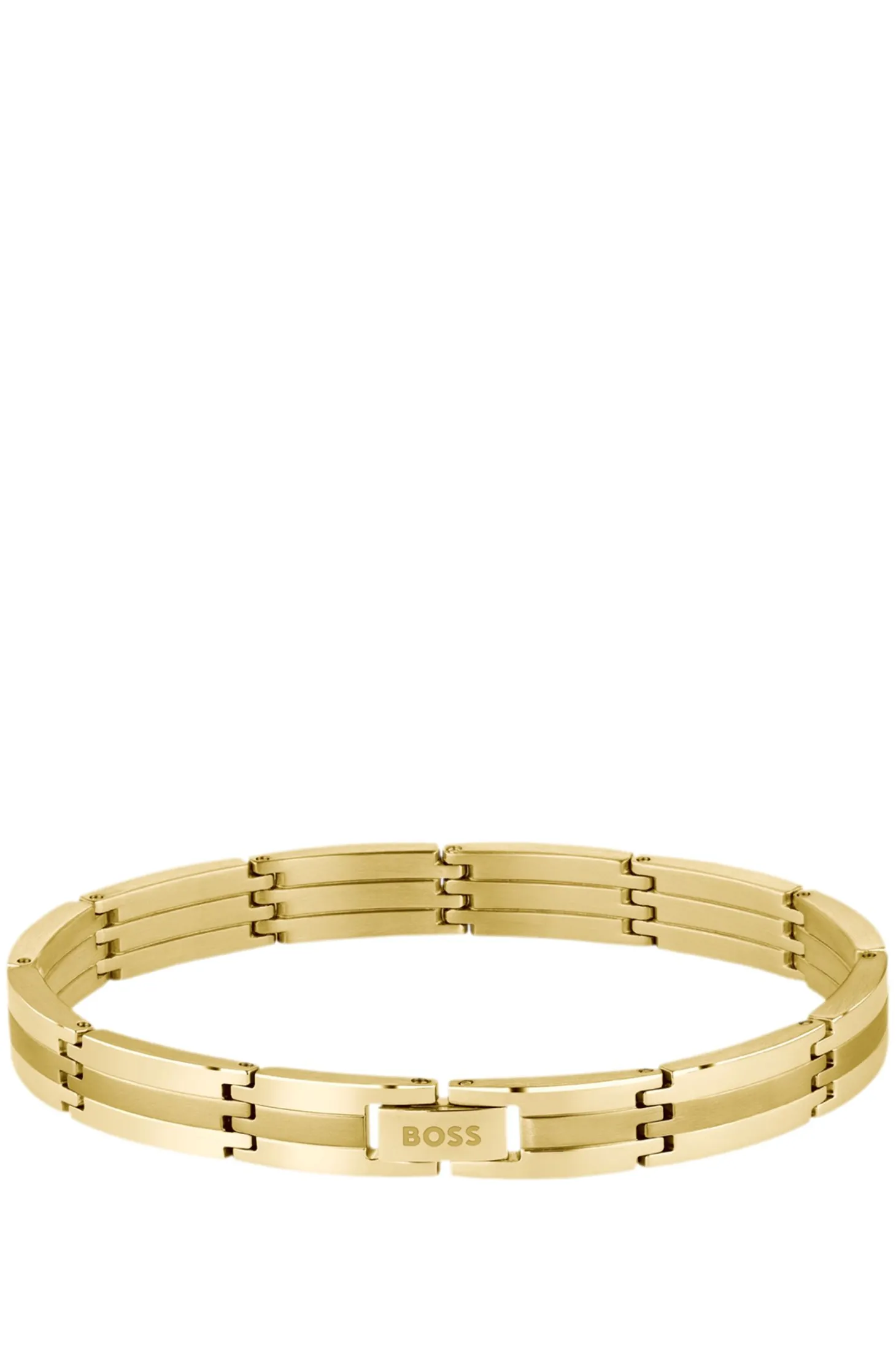Goldfarbenes gestreiftes Armband mit Logo-Schließe