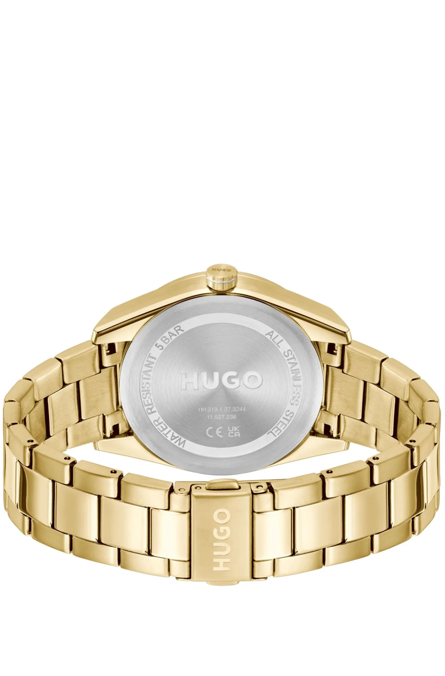 Goldfarbene Uhr mit Details im Rennsport-Stil