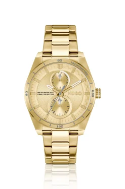 Goldfarbene Uhr mit Details im Rennsport-Stil