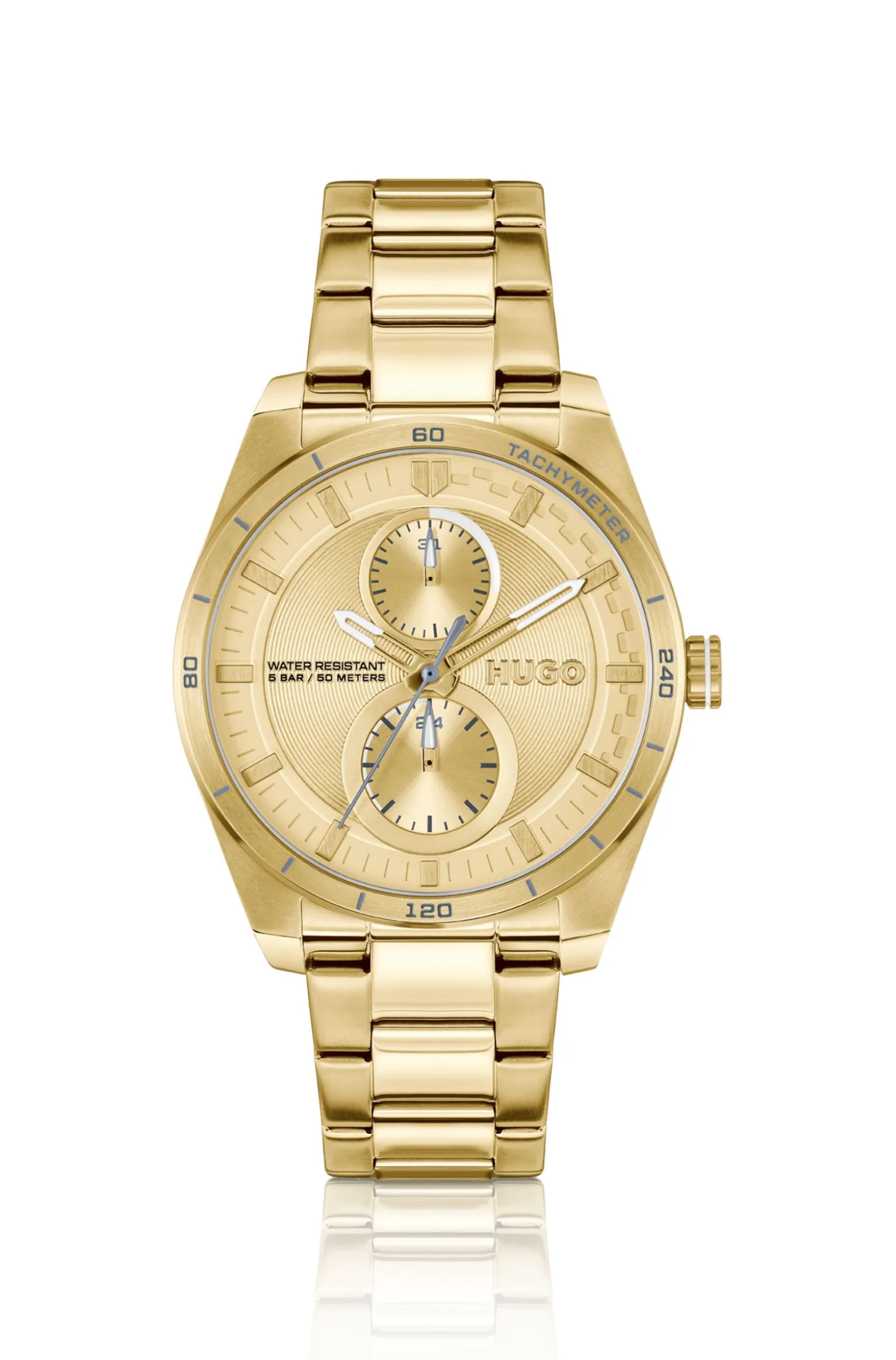 Goldfarbene Uhr mit Details im Rennsport-Stil