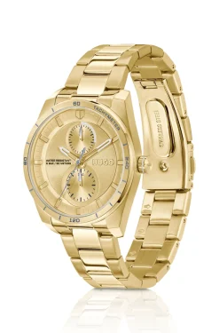Goldfarbene Uhr mit Details im Rennsport-Stil