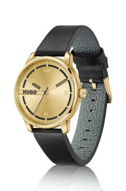 Goldfarbene Uhr mit schwarzem Lederarmband