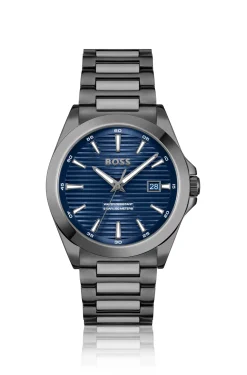 Grau beschichtete Uhr mit blauem geriffeltem Zifferblatt