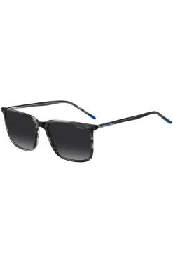 Graue Sonnenbrille aus gemustertem Acetat mit röhrenförmigen Metallbügeln