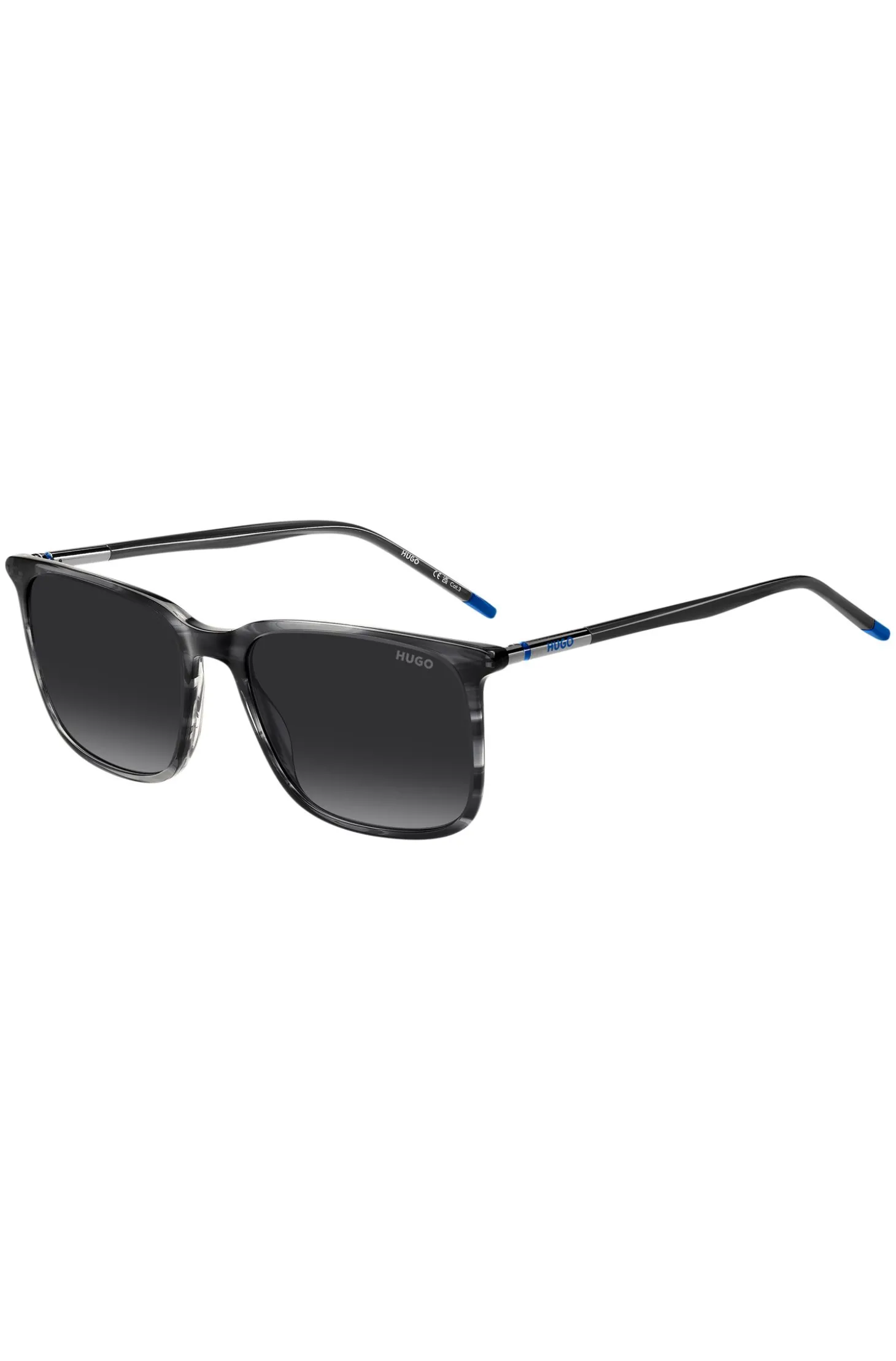 Graue Sonnenbrille aus gemustertem Acetat mit röhrenförmigen Metallbügeln