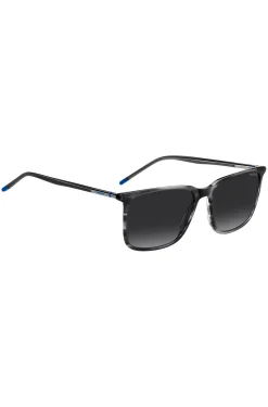 Graue Sonnenbrille aus gemustertem Acetat mit röhrenförmigen Metallbügeln