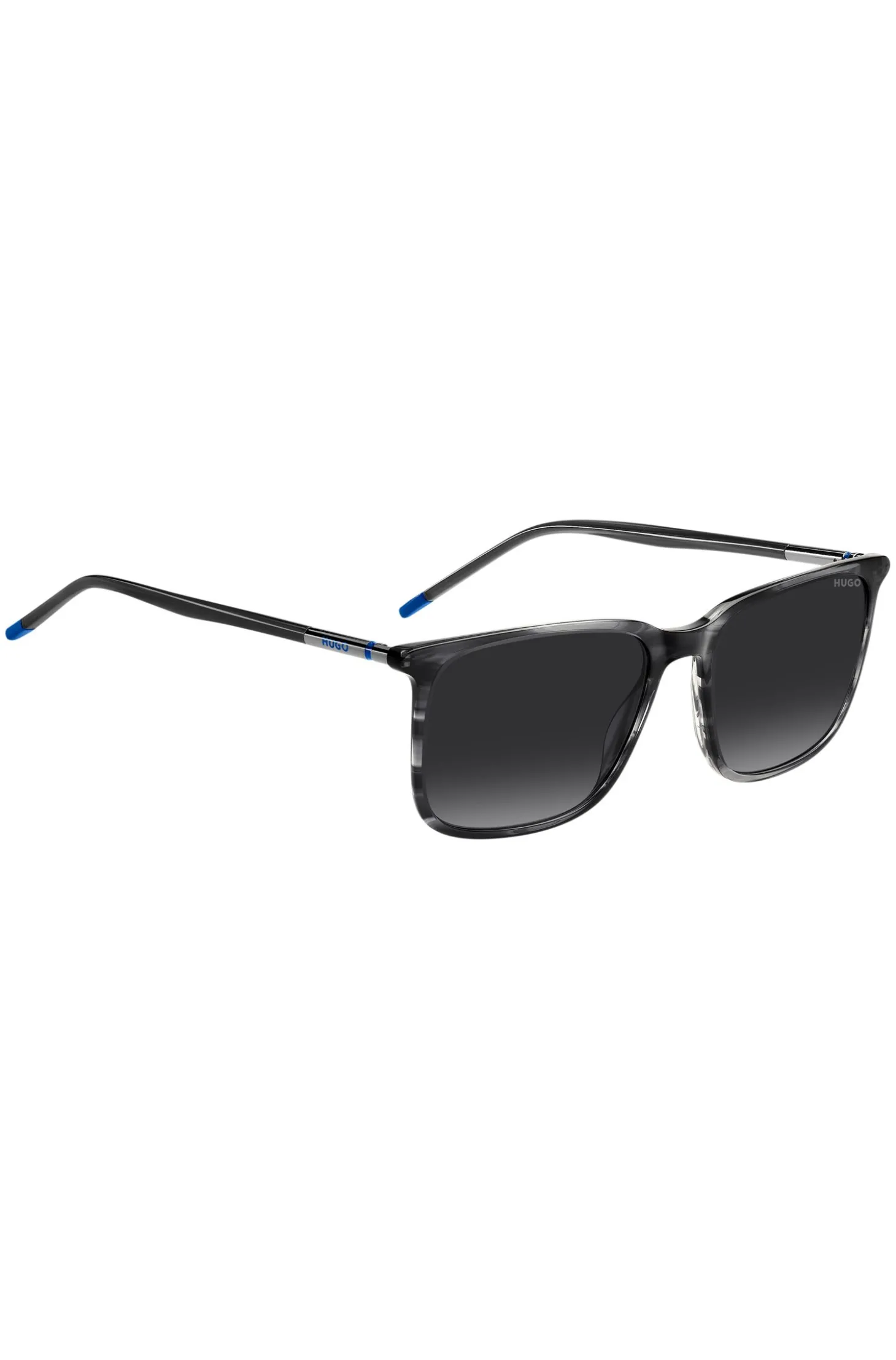 Graue Sonnenbrille aus gemustertem Acetat mit röhrenförmigen Metallbügeln