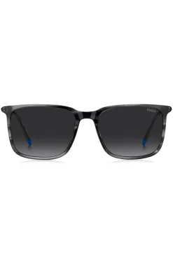 Graue Sonnenbrille aus gemustertem Acetat mit röhrenförmigen Metallbügeln