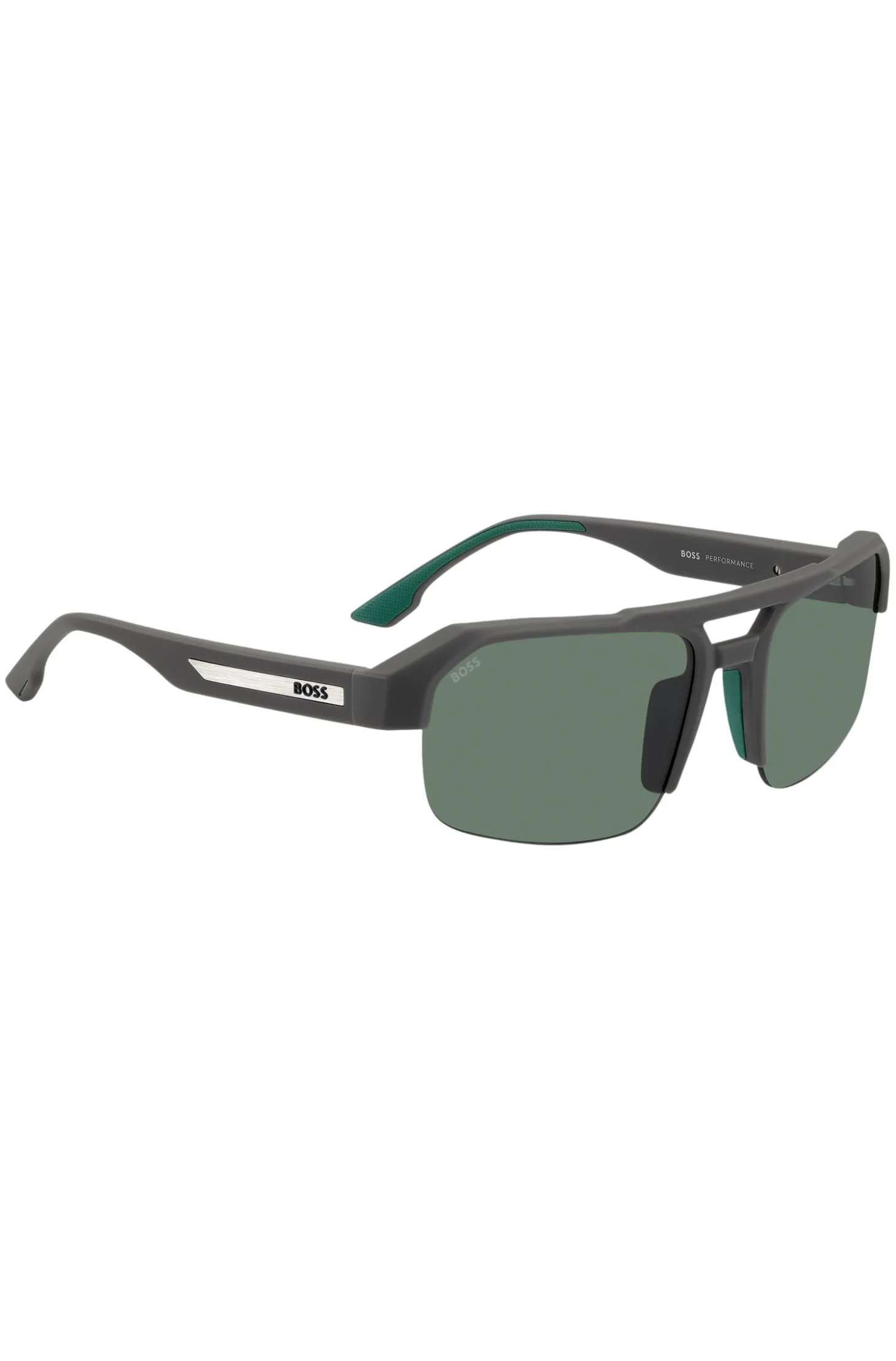 Graue Sonnenbrille mit Einsatz und Logo an den Bügeln