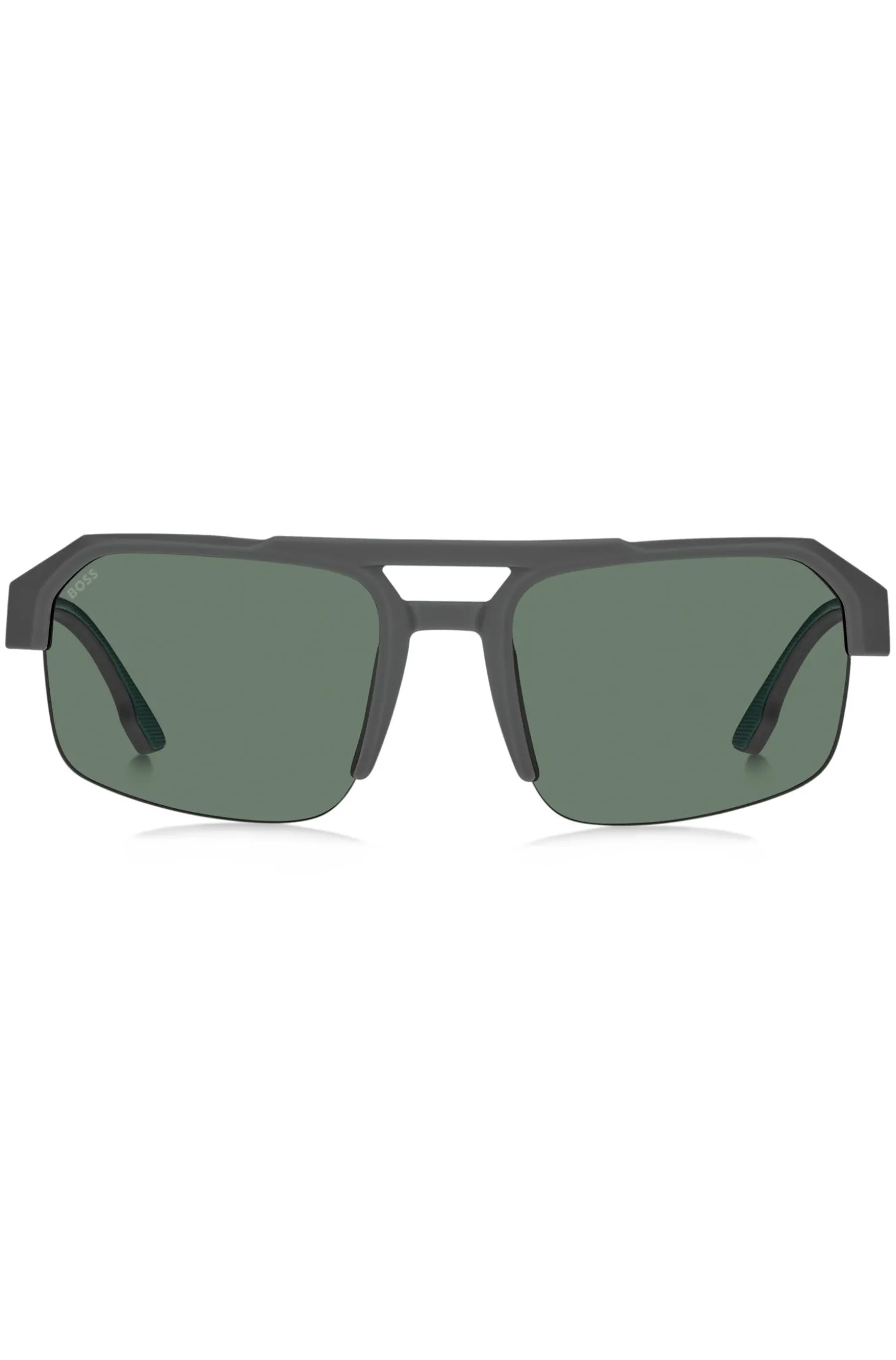 Graue Sonnenbrille mit Einsatz und Logo an den Bügeln