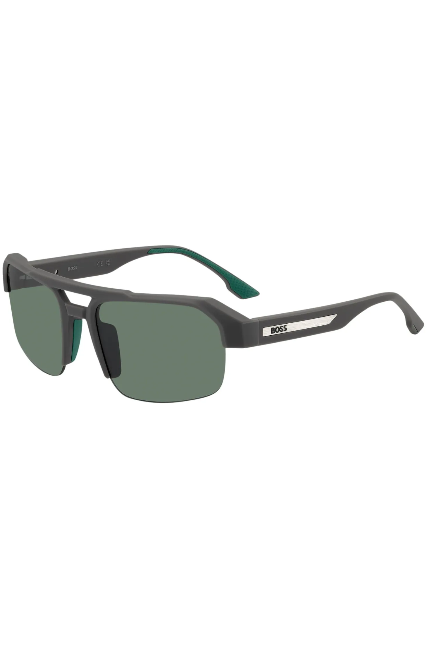 Graue Sonnenbrille mit Einsatz und Logo an den Bügeln