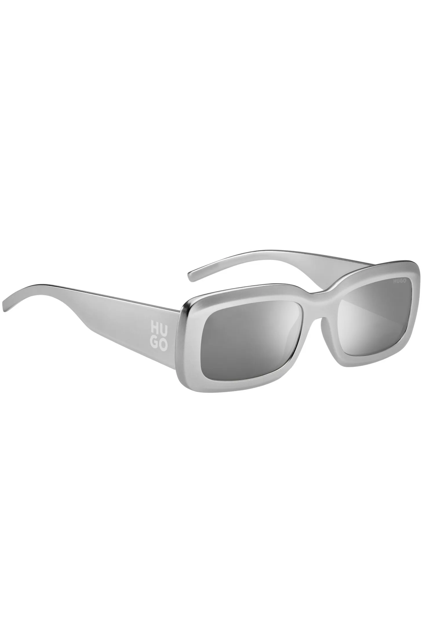 Graue Sonnenbrille mit Stack-Logo an den Bügeln