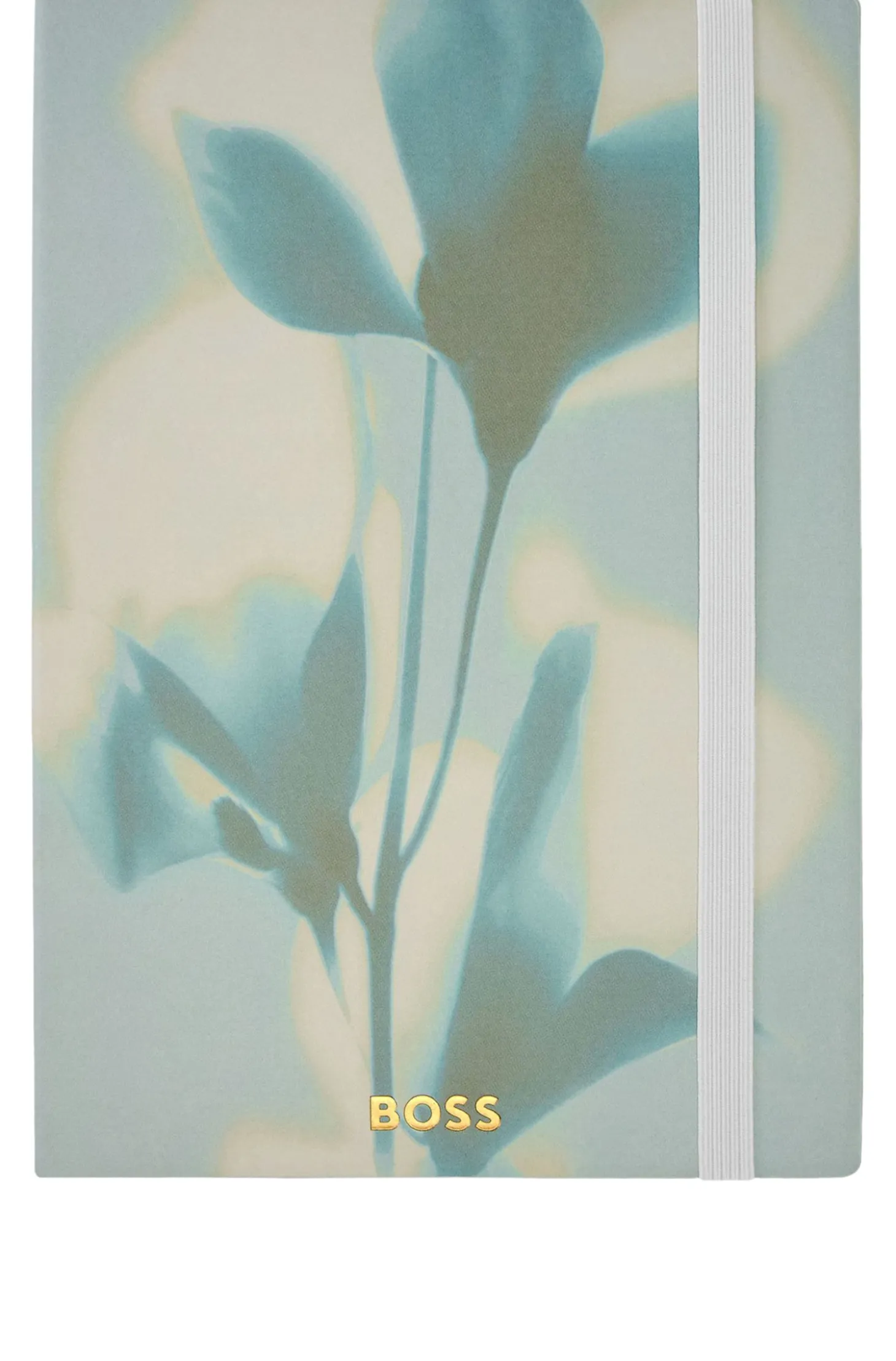 Grünes DIN-A5-Notizbuch mit Blumen-Print und Folien-Logo