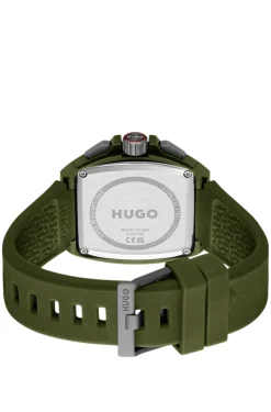 Grüne Uhr mit skelettiertem Zifferblatt und Silikonarmband