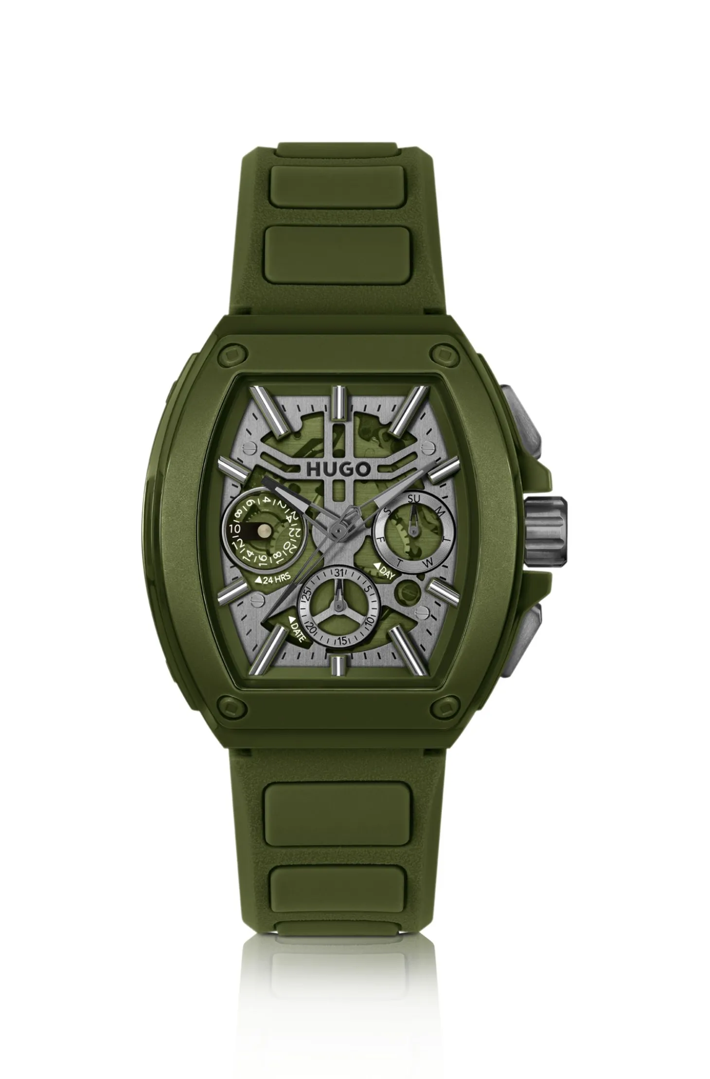 Grüne Uhr mit skelettiertem Zifferblatt und Silikonarmband