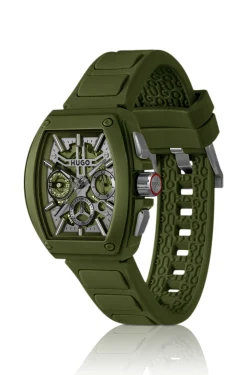 Grüne Uhr mit skelettiertem Zifferblatt und Silikonarmband
