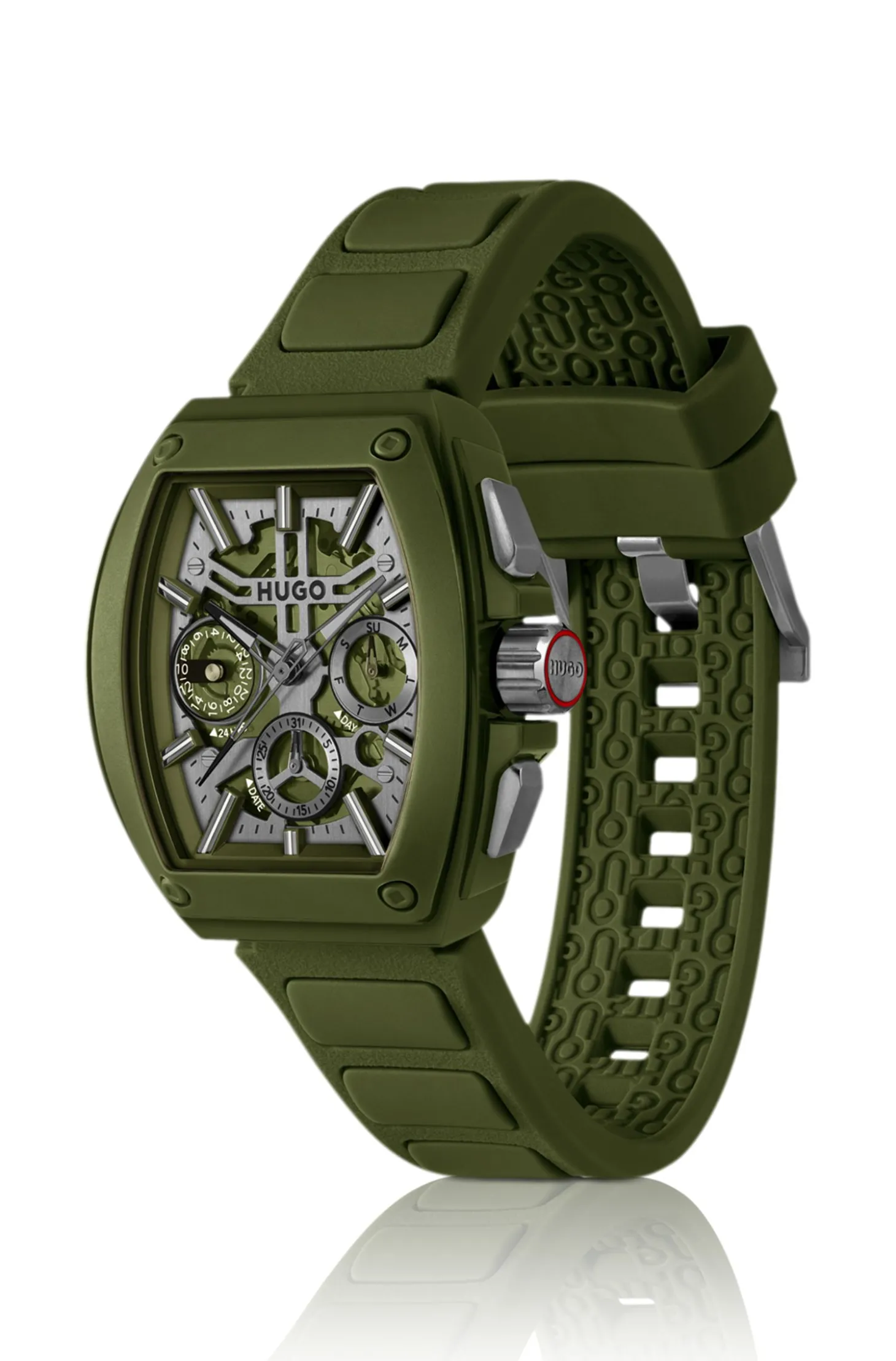 Grüne Uhr mit skelettiertem Zifferblatt und Silikonarmband