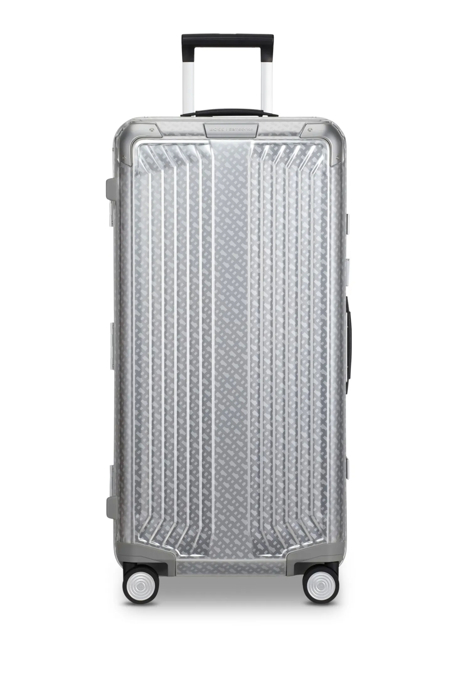 Großer BOSS x Samsonite Koffer aus silberfarbenem Aluminium 80 cm
