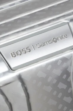 Großer BOSS x Samsonite Koffer aus silberfarbenem Aluminium 80 cm