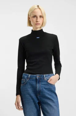 Hochgeschlossenes Top aus Stretch-Baumwolle mit Logo-Badge