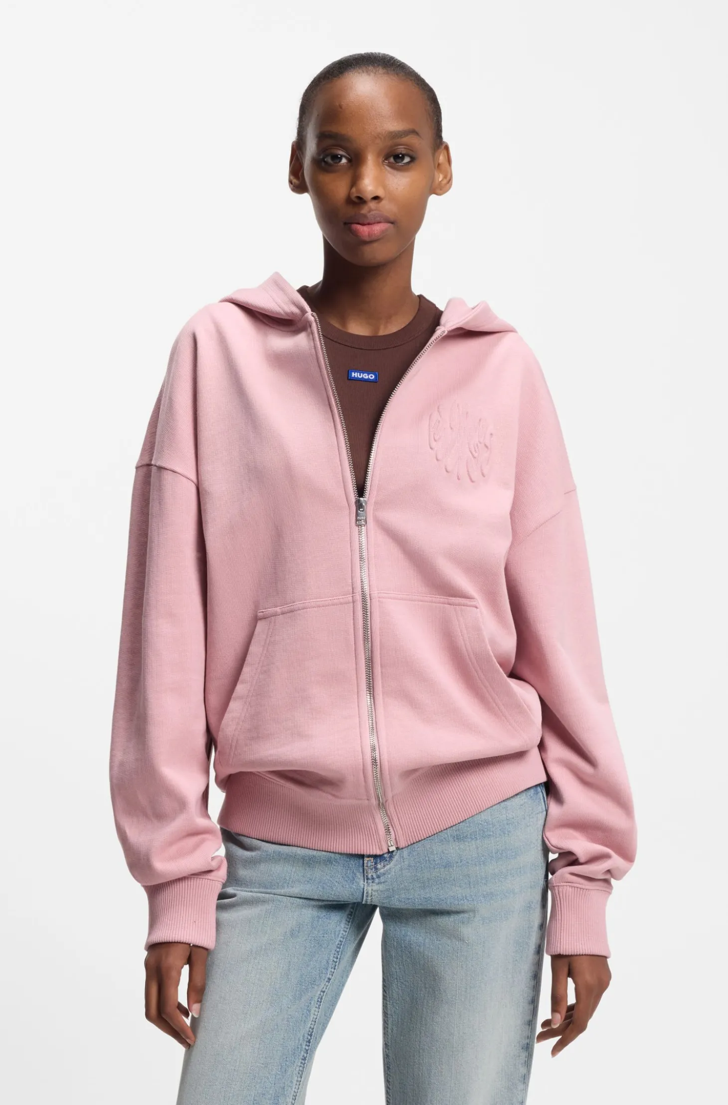 Hoodie aus Baumwoll-Terry mit Reißverschluss und Logo-Prägungen