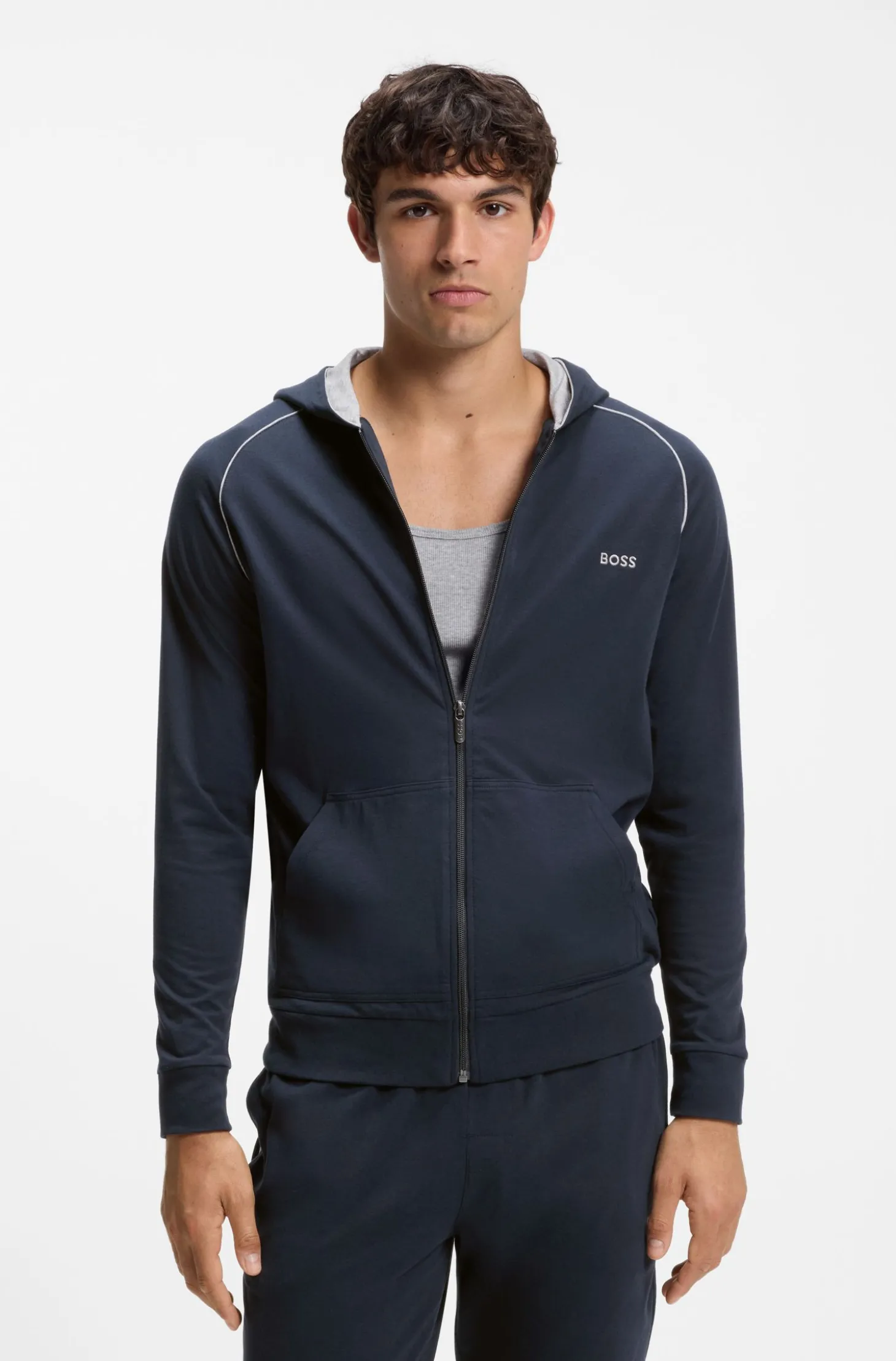 Hoodie mit Reißverschluss aus Stretch-Baumwolle mit Kontrastpaspeln