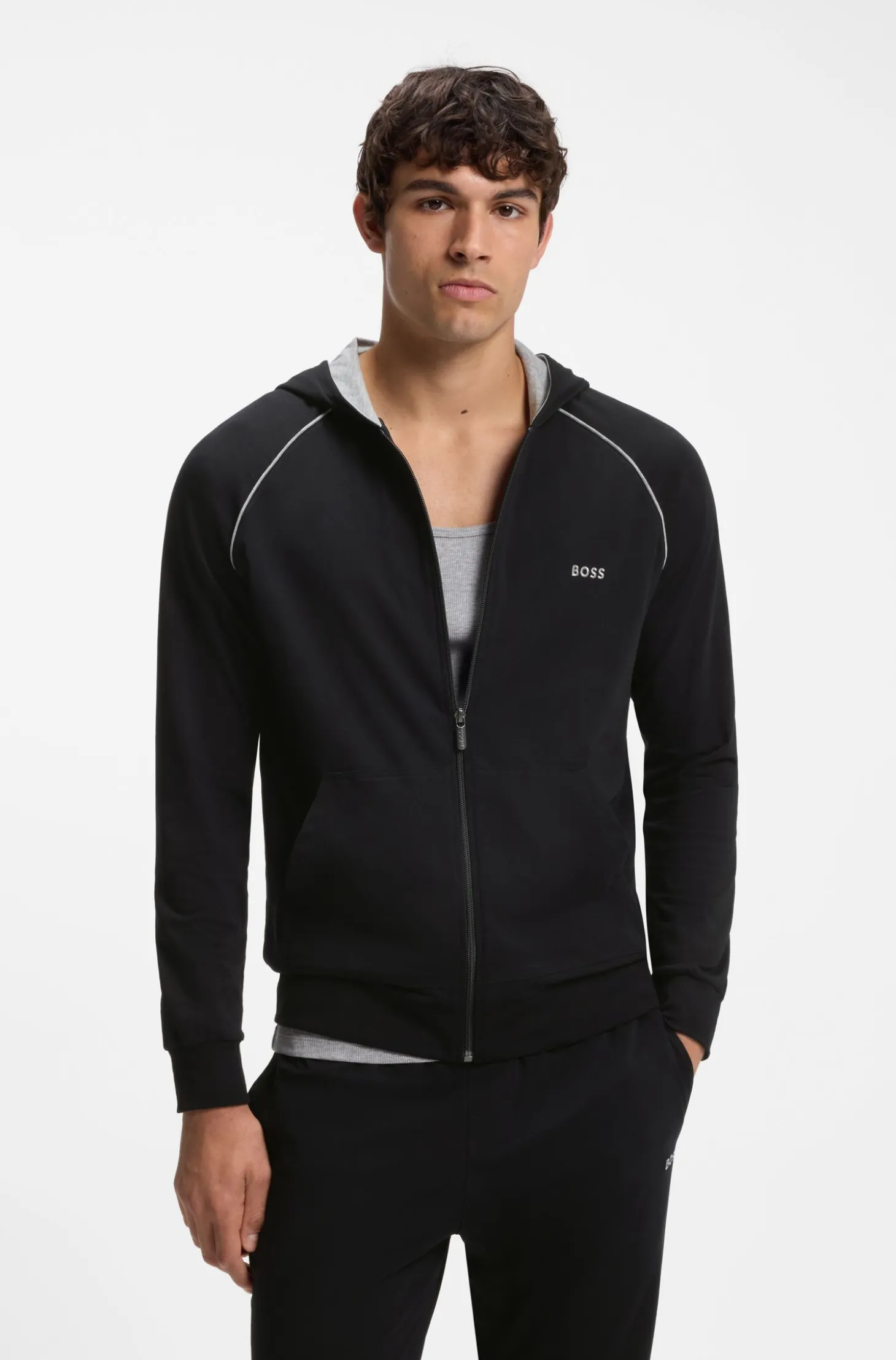 Hoodie mit Reißverschluss aus Stretch-Baumwolle mit Kontrastpaspeln