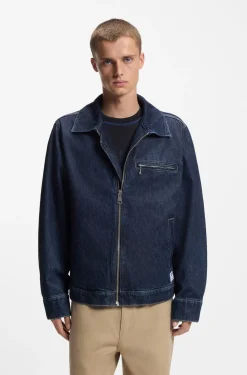 Jacke aus blauem Denim mit Reißverschluss und Brusttasche