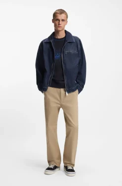 Jacke aus blauem Denim mit Reißverschluss und Brusttasche