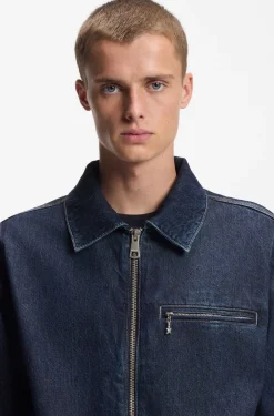 Jacke aus blauem Denim mit Reißverschluss und Brusttasche