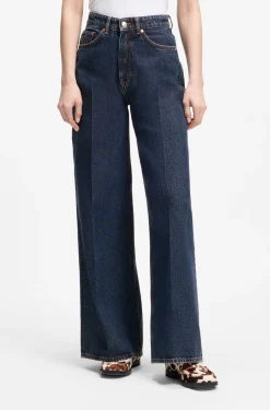 Jeans aus blauem Denim mit weitem Beinverlauf und Bundfalten auf der Vorderseite