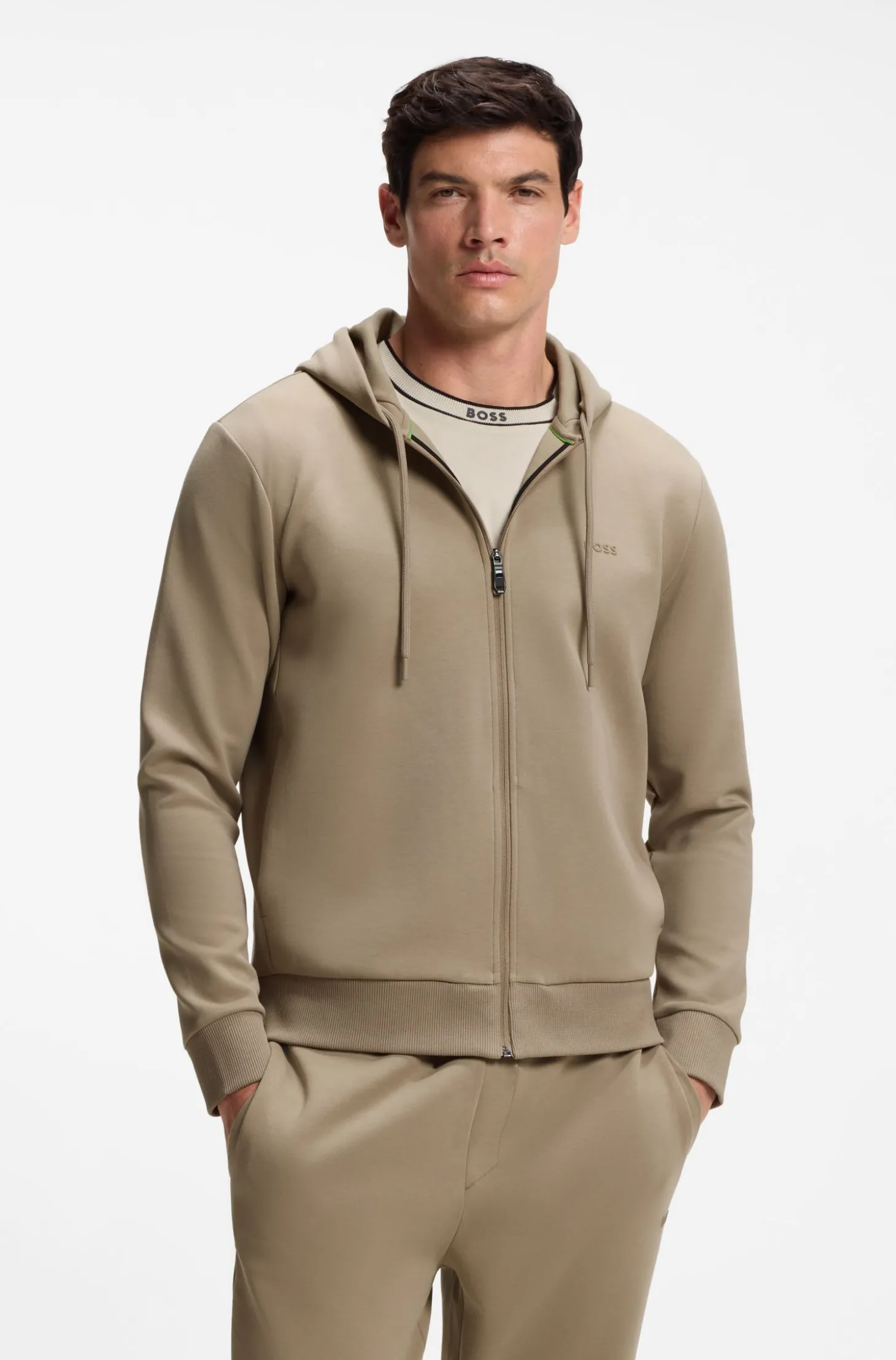 Kapuzenjacke aus Stretch-Baumwolle mit Reißverschluss und Logo-Detail