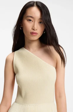 Kleid aus Rippstrick mit One-Shoulder-Design und Plissee-Rock