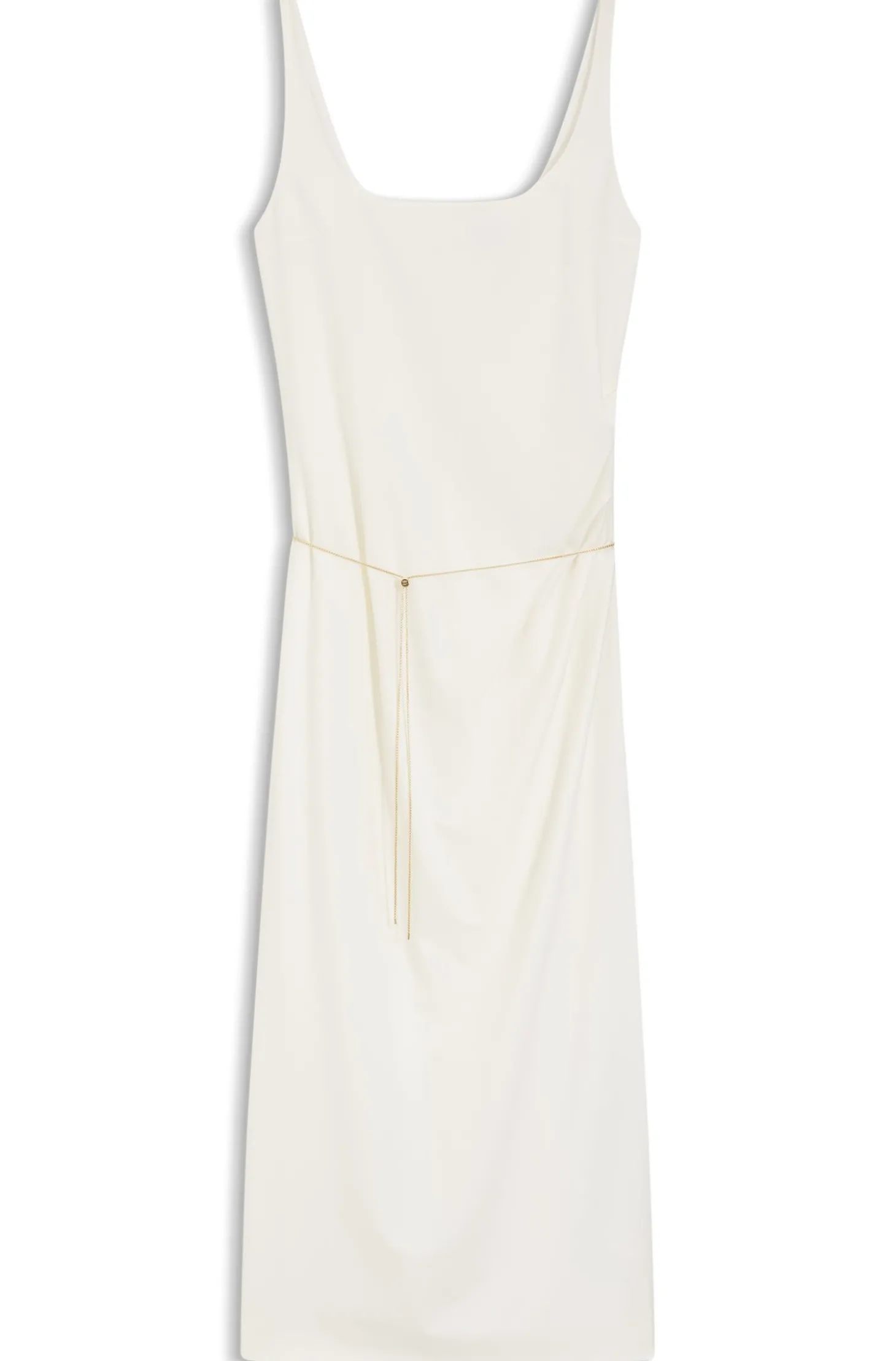 Kleid mit eckigem Ausschnitt und goldenem Kettengürtel