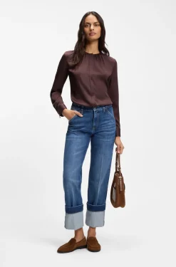 Kragenlose Regular-Fit Bluse aus Stretch-Seide
