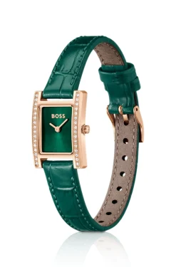 Kristallverzierte Uhr mit grünem Zifferblatt und grünem Lederarmband
