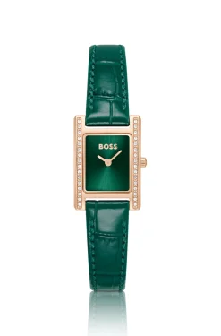 Kristallverzierte Uhr mit grünem Zifferblatt und grünem Lederarmband