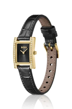 Kristallverzierte Uhr mit schwarzem Zifferblatt und passendem Lederarmband