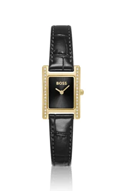 Kristallverzierte Uhr mit schwarzem Zifferblatt und passendem Lederarmband