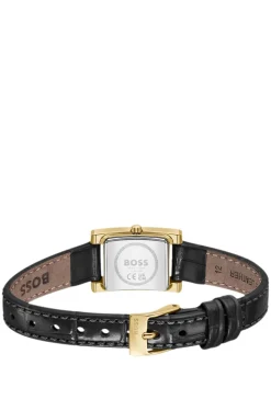 Kristallverzierte Uhr mit schwarzem Zifferblatt und passendem Lederarmband