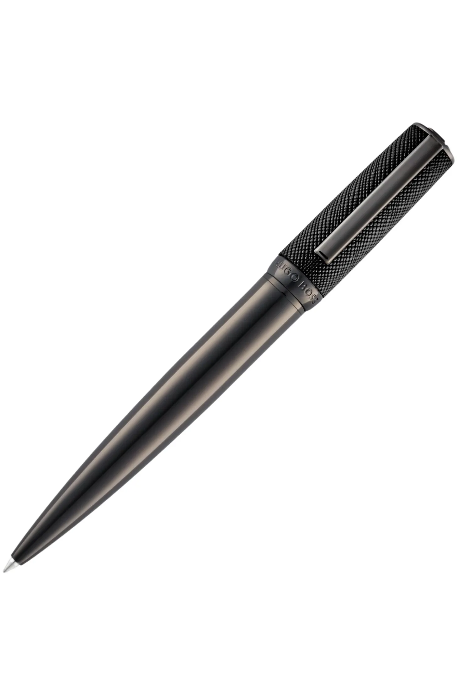 Kugelschreiber mit Gunmetal-Finish und Kappe aus Saffiano-Leder