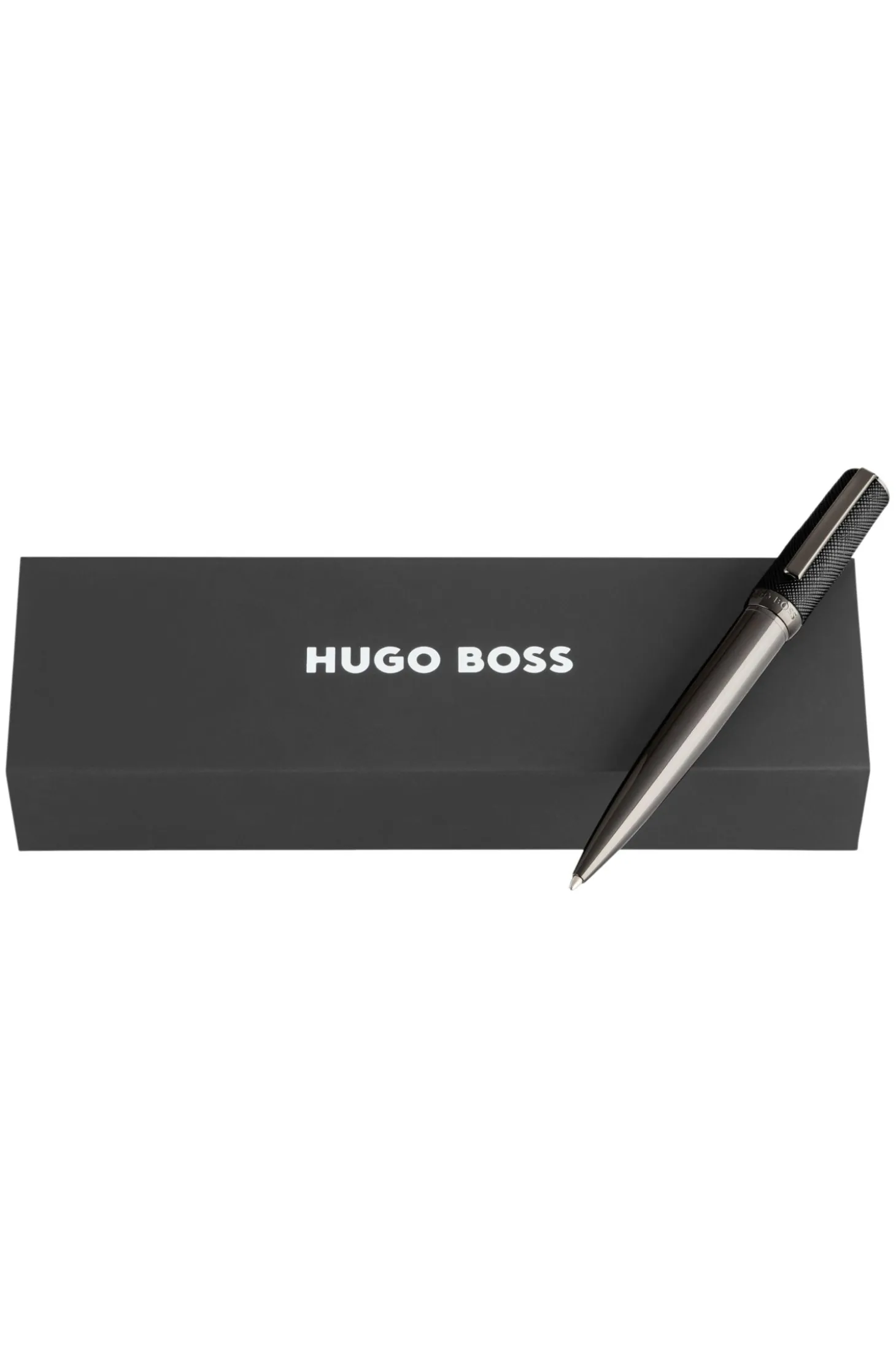 Kugelschreiber mit Gunmetal-Finish und Kappe aus Saffiano-Leder
