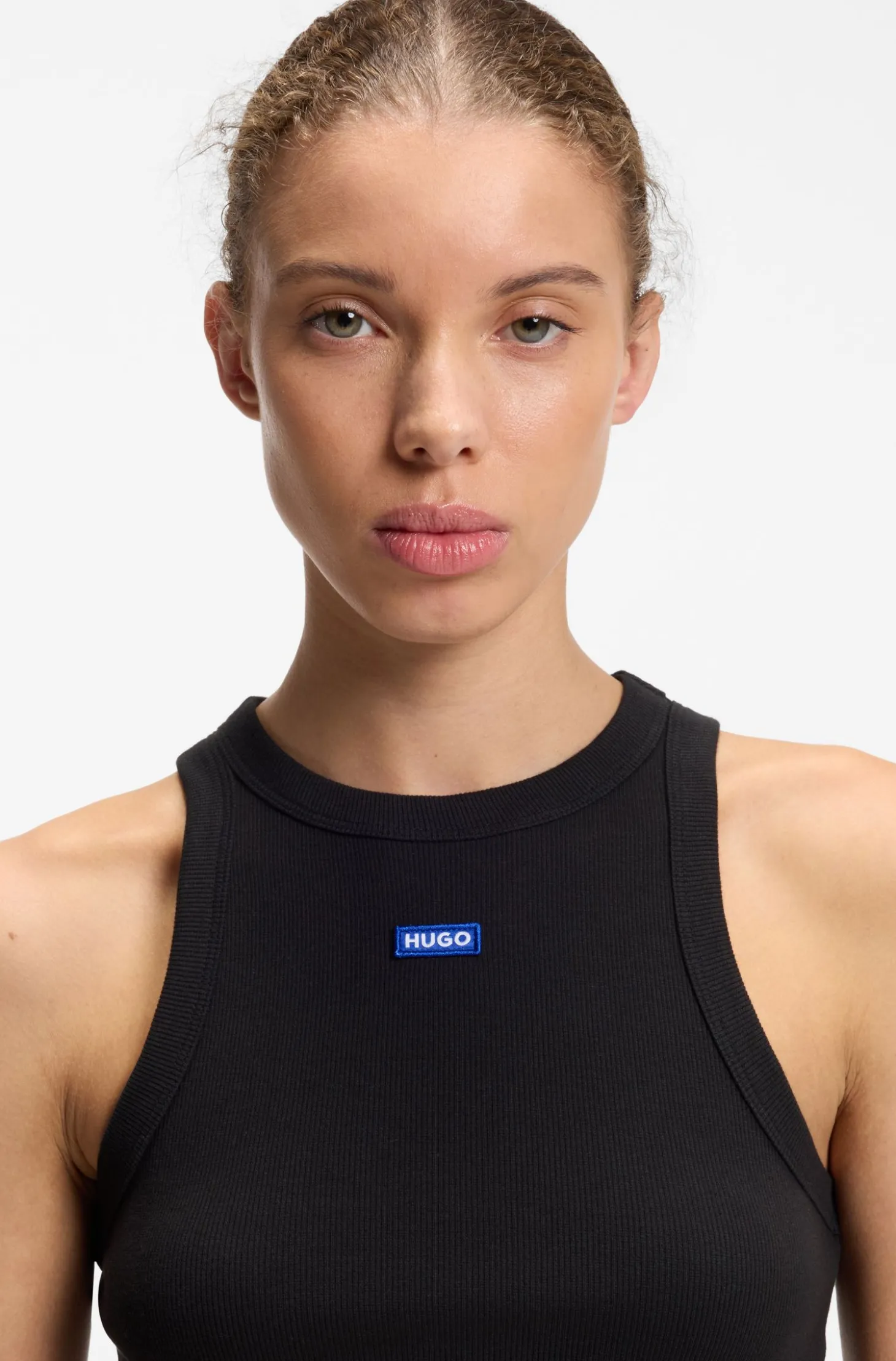 Kurz geschnittenes Tanktop aus Stretch-Baumwolle mit blauem Logo-Label