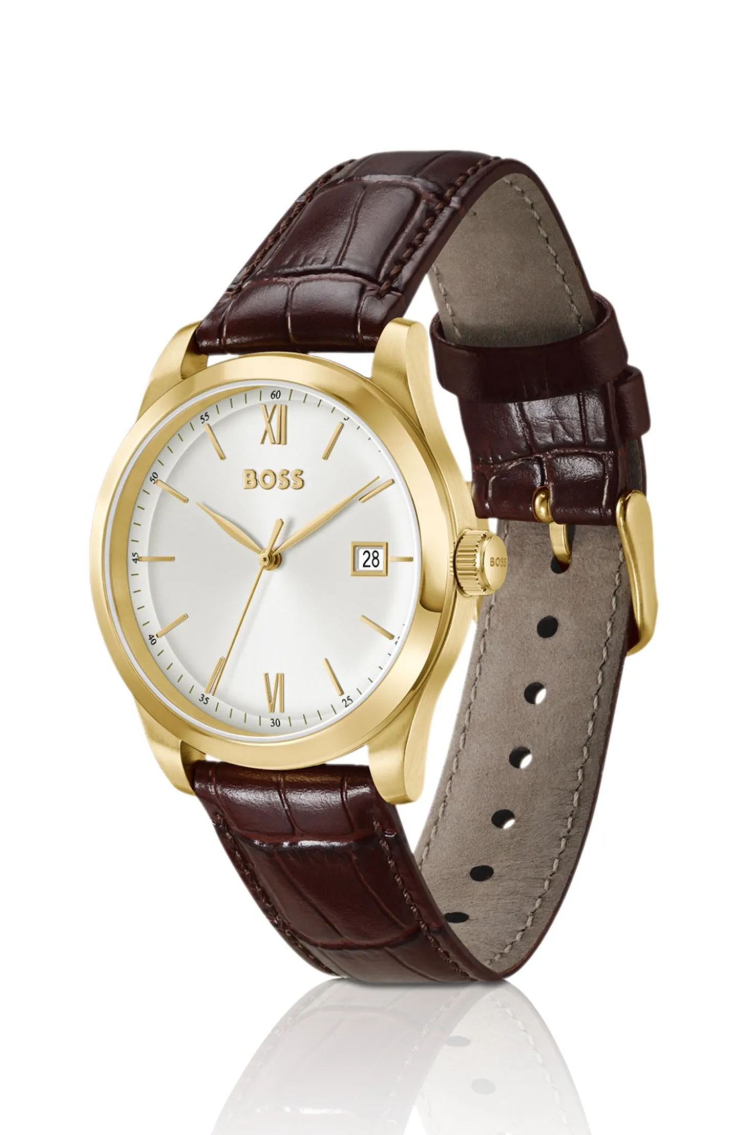 Langford Uhr mit silberweißem Zifferblatt und geprägtem Lederarmband