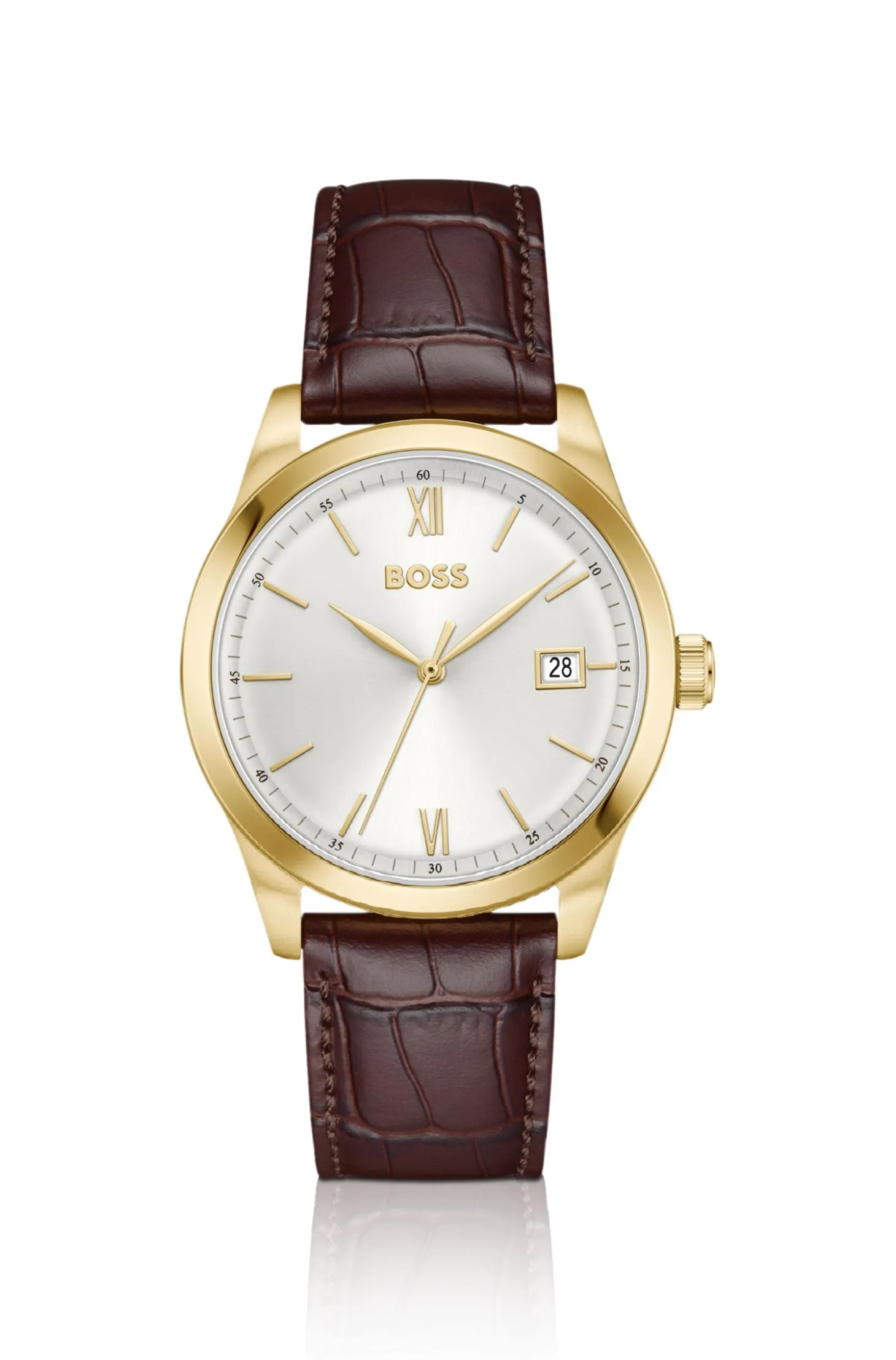 Langford Uhr mit silberweißem Zifferblatt und geprägtem Lederarmband
