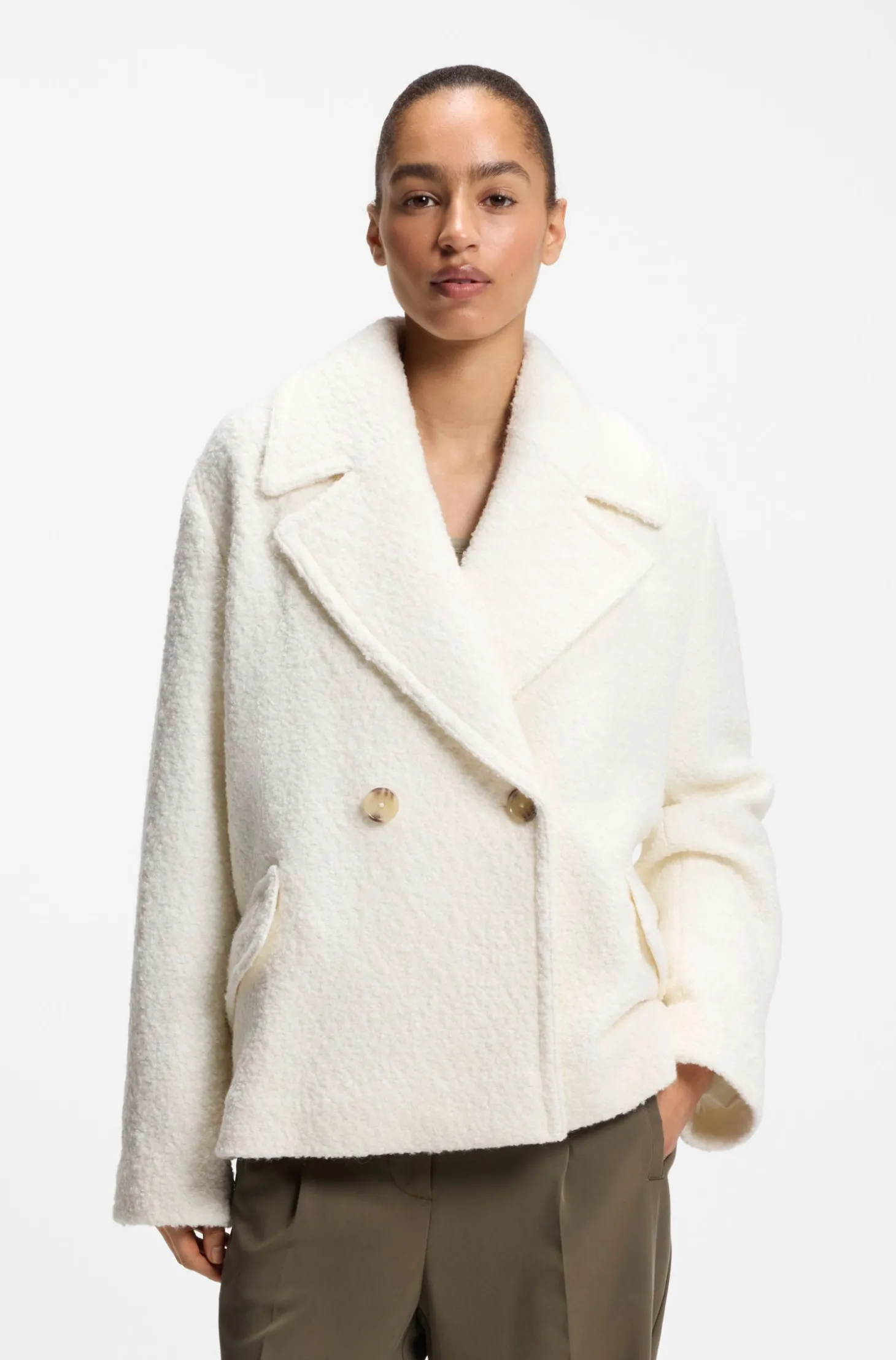 Loose-Fit Mantel aus Bouclé mit zweireihiger Knopfleiste