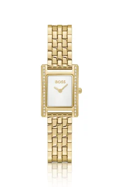 LUCY PRECIOUS Kristallverzierte, goldfarbene Uhr mit weißem Zifferblatt