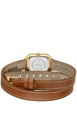 Mae Petite goldene Uhr mit doppelt gewickeltem Lederarmband